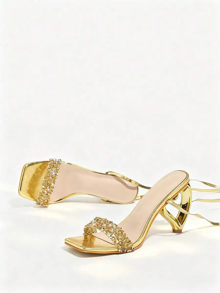 Womens Rhinestone-Embellished Strappy Mid-Heel Sandals With Heart-Shaped Heel