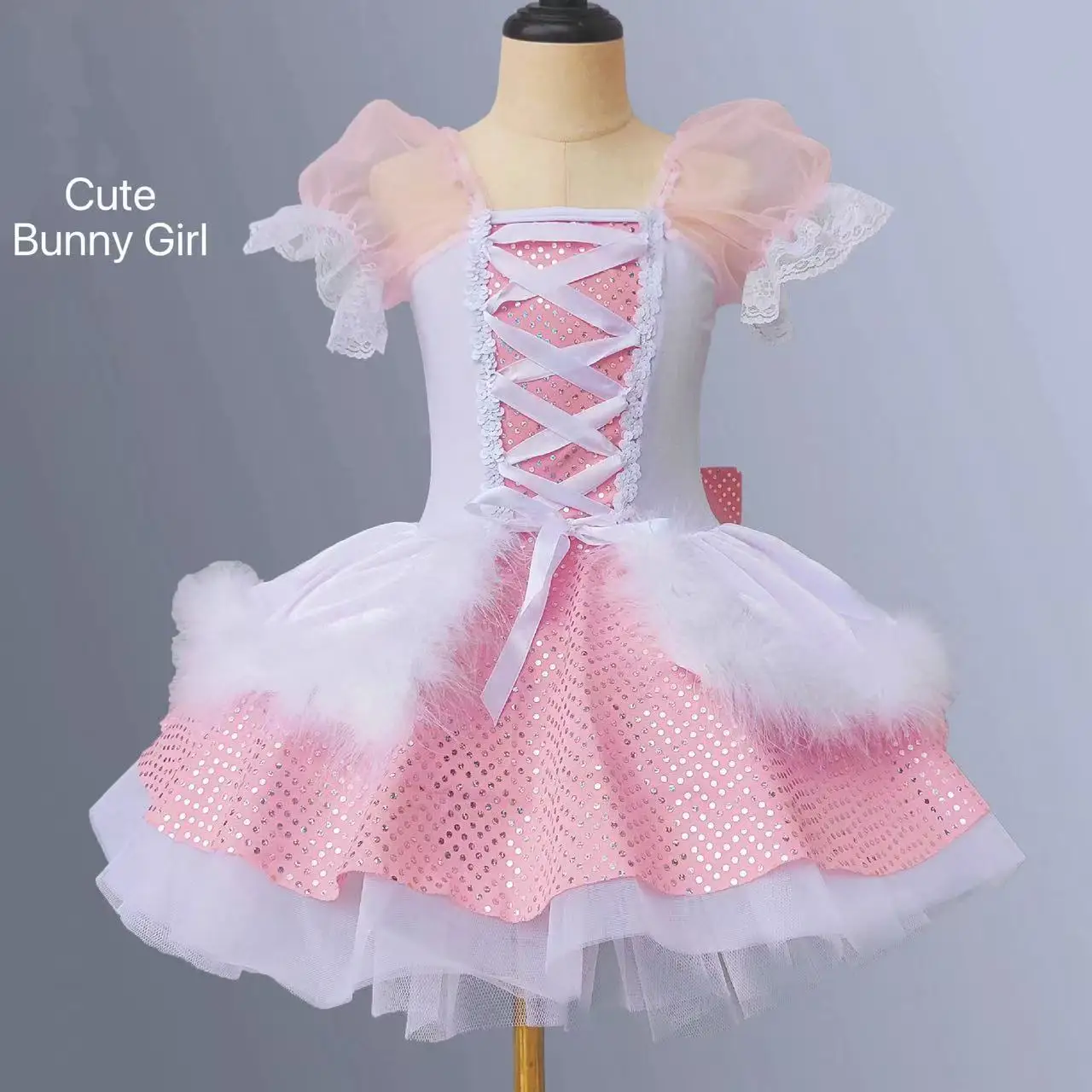 

Cute Bunny Girls Tutu Ballet Pink Polka Dot Ballerina Mesh Skirt with Bowtie Professional Rabbit Child Stage Performance Costume