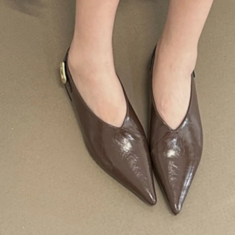 

Женские осенние новые роскошные металлические дизайнерские уличные туфли с низким берцем, 2024, пикантные женские туфли на плоской подошве с острым носком для прогулок на открытом воздухе