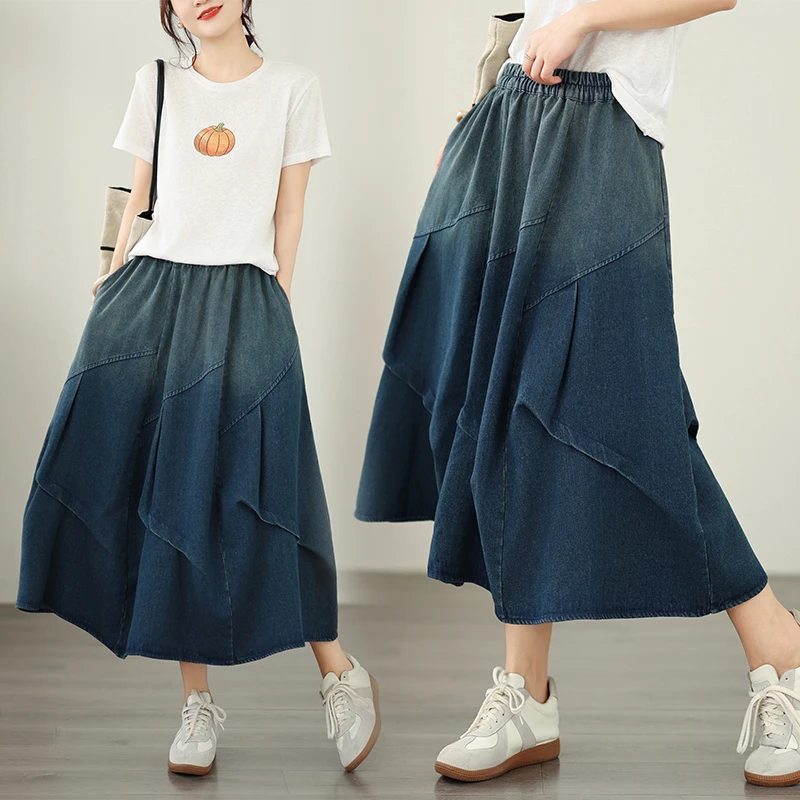 

Summer New Loose Slimming Mid-Length Denim Skirt High Waist Cotton Blend Graduated Color Thin Style Washed Big Swing Skirt