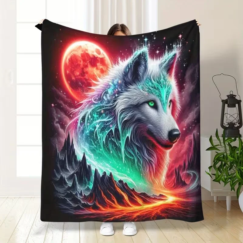 Cosmic Galaxy Full Moon Wolf Mountain Print Blanket Soft Cozy Blanket for Bedroom Sofa Living Room Fantasy Home Decor