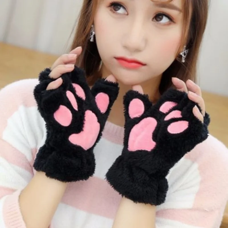 Schöne Katze Klaue Frauen Handschuhe Mode Mädchen flauschige Plüsch handschuhe warme weiche Plüsch kurze finger lose Halb finger Winter handschuhe