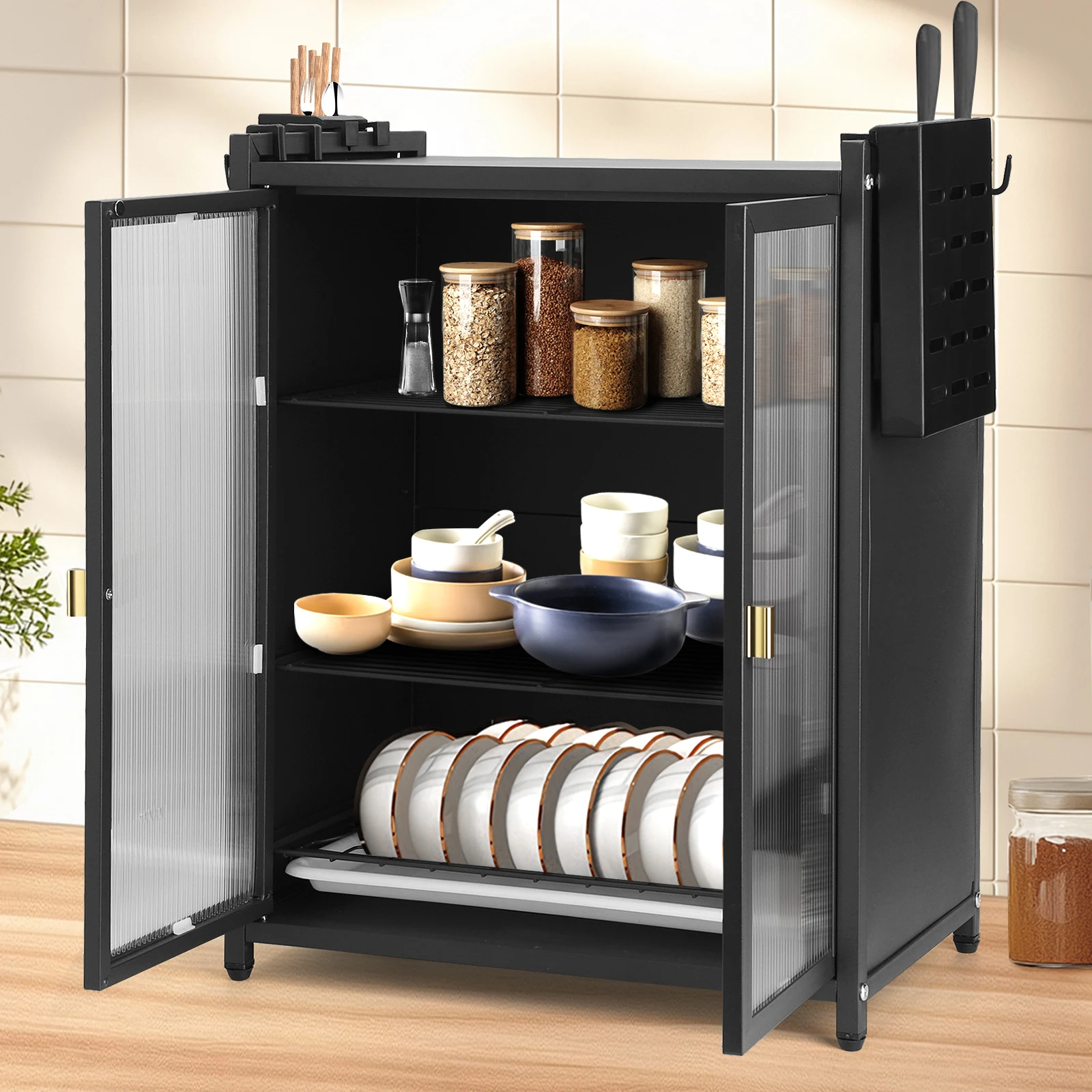 

3-Tier Kitchen Countertop Cabinet Dustproof Drainer Cabinet with Double Door Kitchen Organizer with Chopstick Baskets