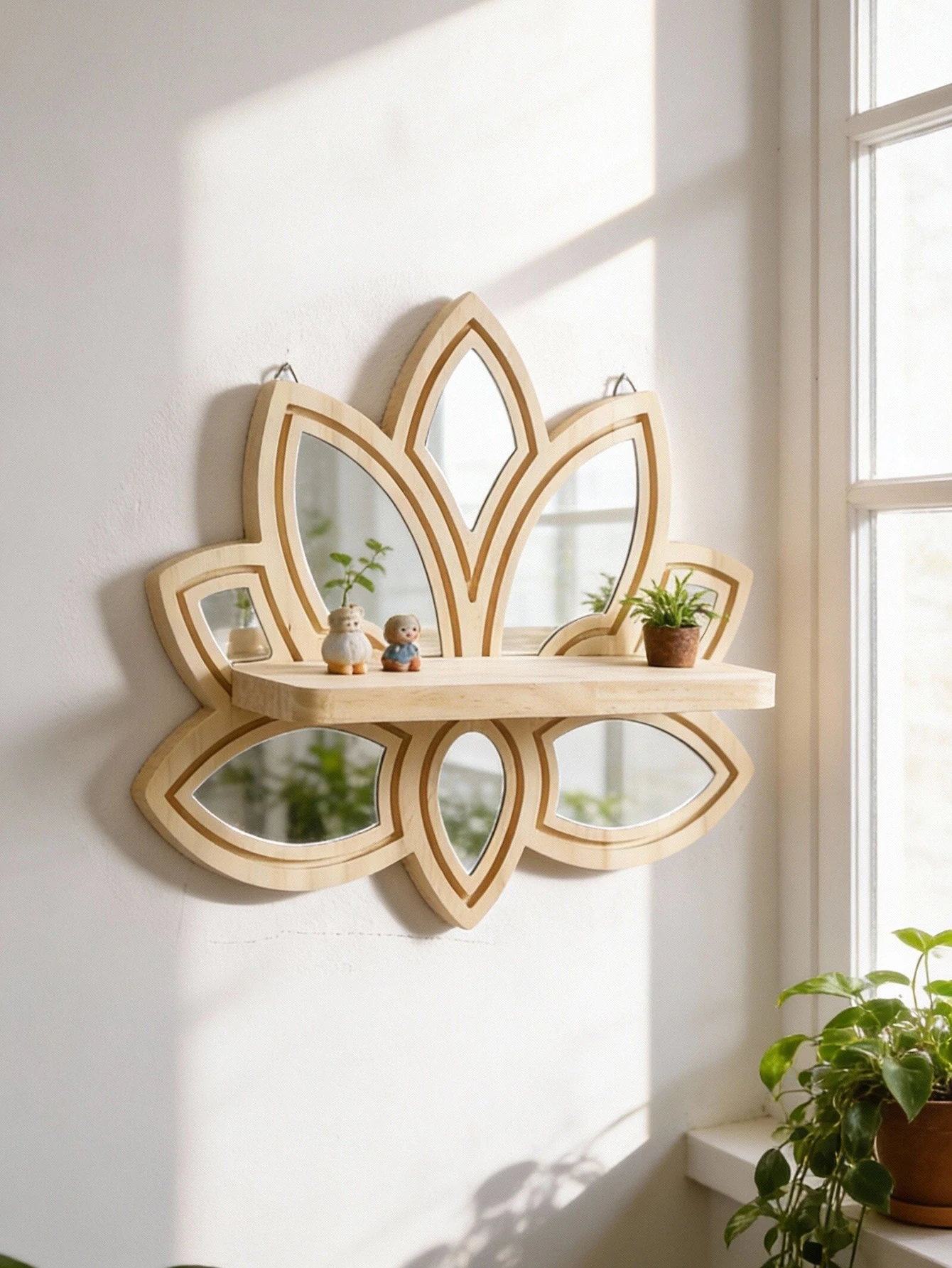 Lotus Shaped Wooden Wall Shelf with Mirror Floral Floating Shelves Boho Rustic Wall Mounted Storage