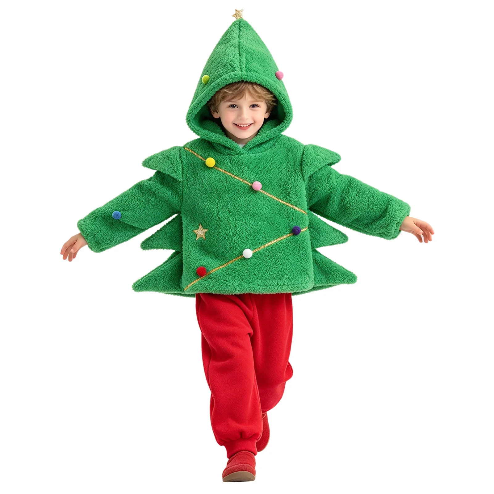 Children Christmas Tree Costume Fleece Long Sleeve Colorful Pom Pom Hoodie Top with Pants Holiday Xmas Party Cosplay Dress Up