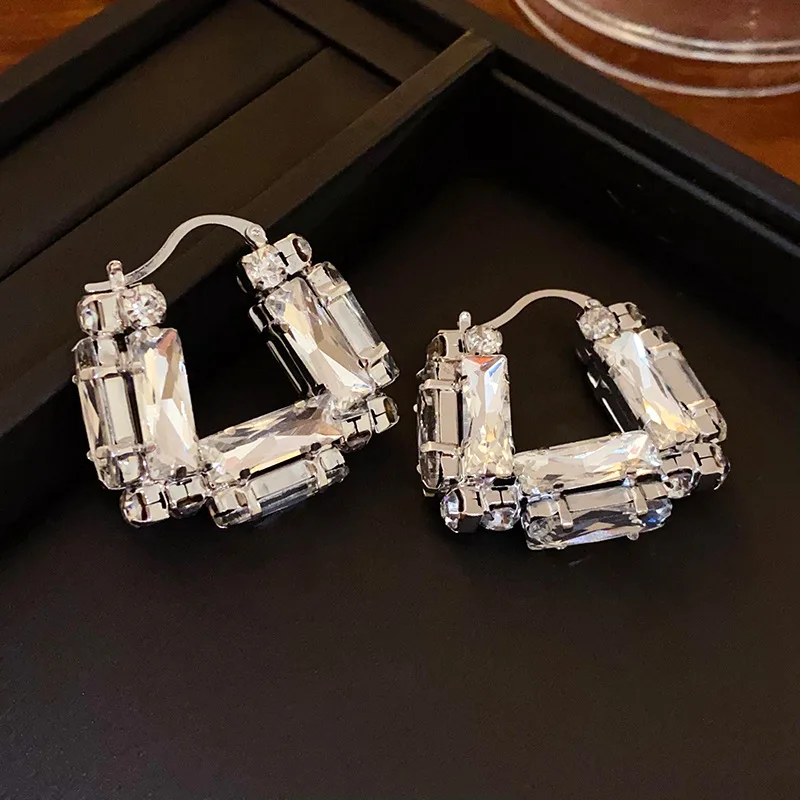 Unique Design U-shaped Hoop Earrings Shiny Rhinestone Earring Light Luxury Women's Party Earrings Wedding Jewelry Gifts K-