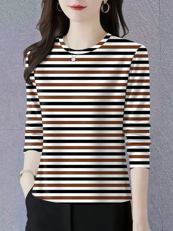 

Retro Striped Long Sleeve round Neck T-Shirt Women's Fashion Slimming Mom Clothes Middle-aged And Elderly Women's Casual Wear