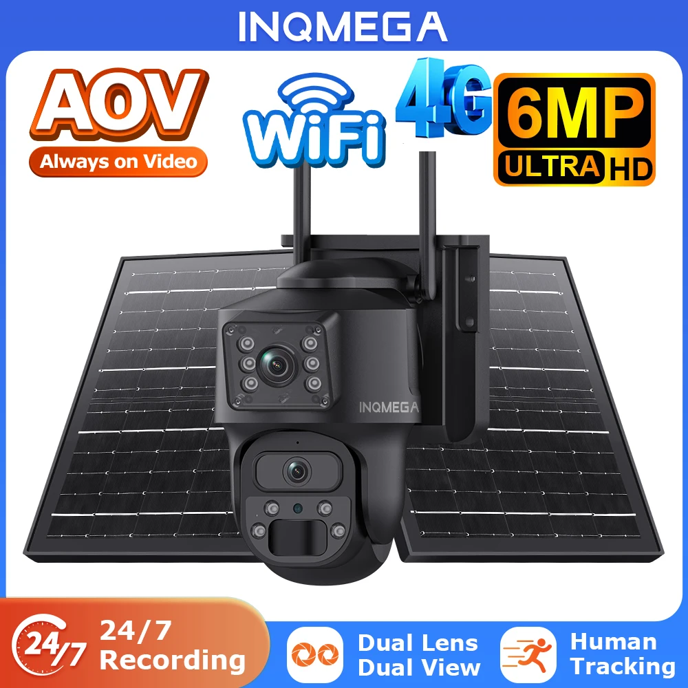 INQMEGA 6MP Solar PTZ Security Cam AOV 24/7 Dual Lens 4G WiFi Human Tracking Color Night Vision IP65 Outdoor Wireless Trail Cam