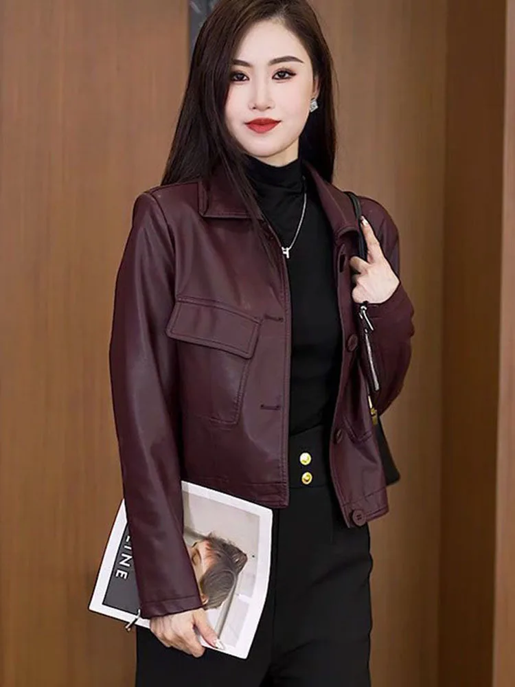 Faionable ort Leather Jaet Women's Autumn 2024 Loose Slimming Korean Sle Mechanical Wind Outerwear  Collar Button