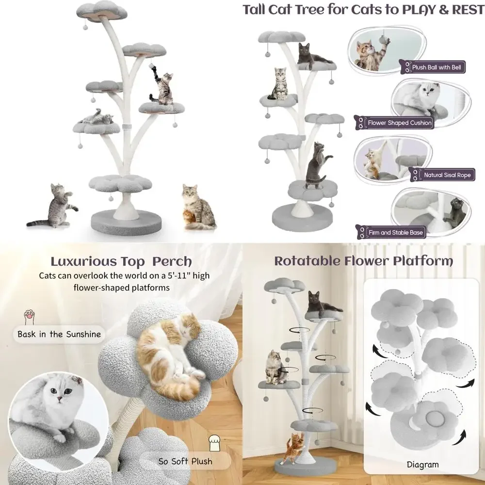 71-Inch Flower-Shaped Cat Tree with Scratching Post for Indoor Cats and Kittens