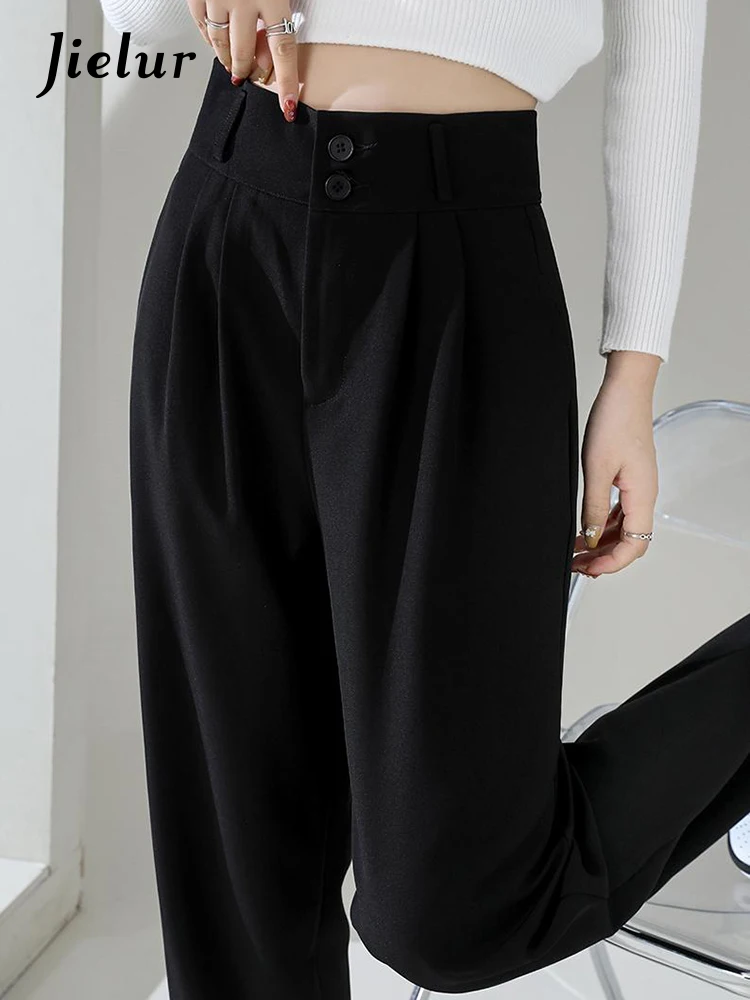 Jielur High Waist Wide Leg Pants for Women New Loose Straight Coffee Trousers Autumn Double Buttons Casual Suit Pants Female