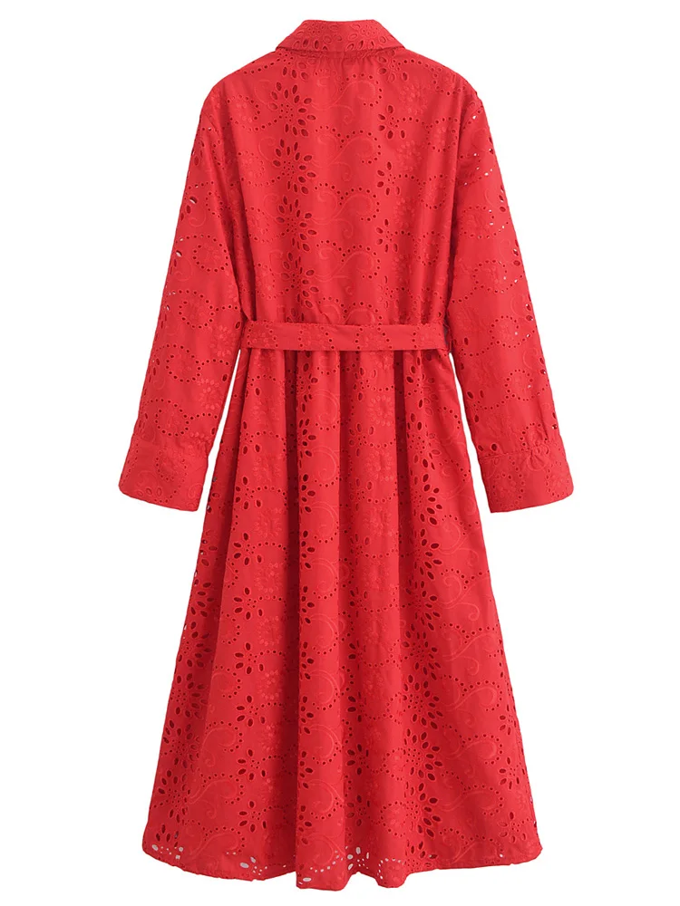 KAOPU ZA Women with belt embroidered fitted midi shirt dress vintage lapel-neck long sleeve female dresses vestidos mujer