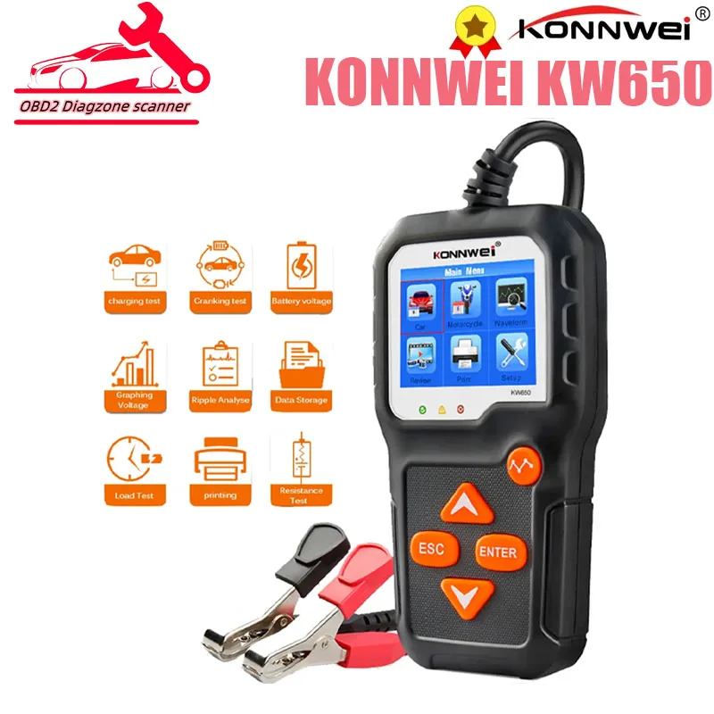 KONNWEI KW650 Tester akumulatora samochodowego KW218 6V 12V automatyczny analizator motocyklowy 100-2000CCA narzędzie testowe ładowania samochodu