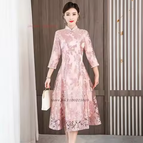 2026 chinese improved cheongsam qipao dress national flower lace dress traditional party banquet dress evening dress vestido