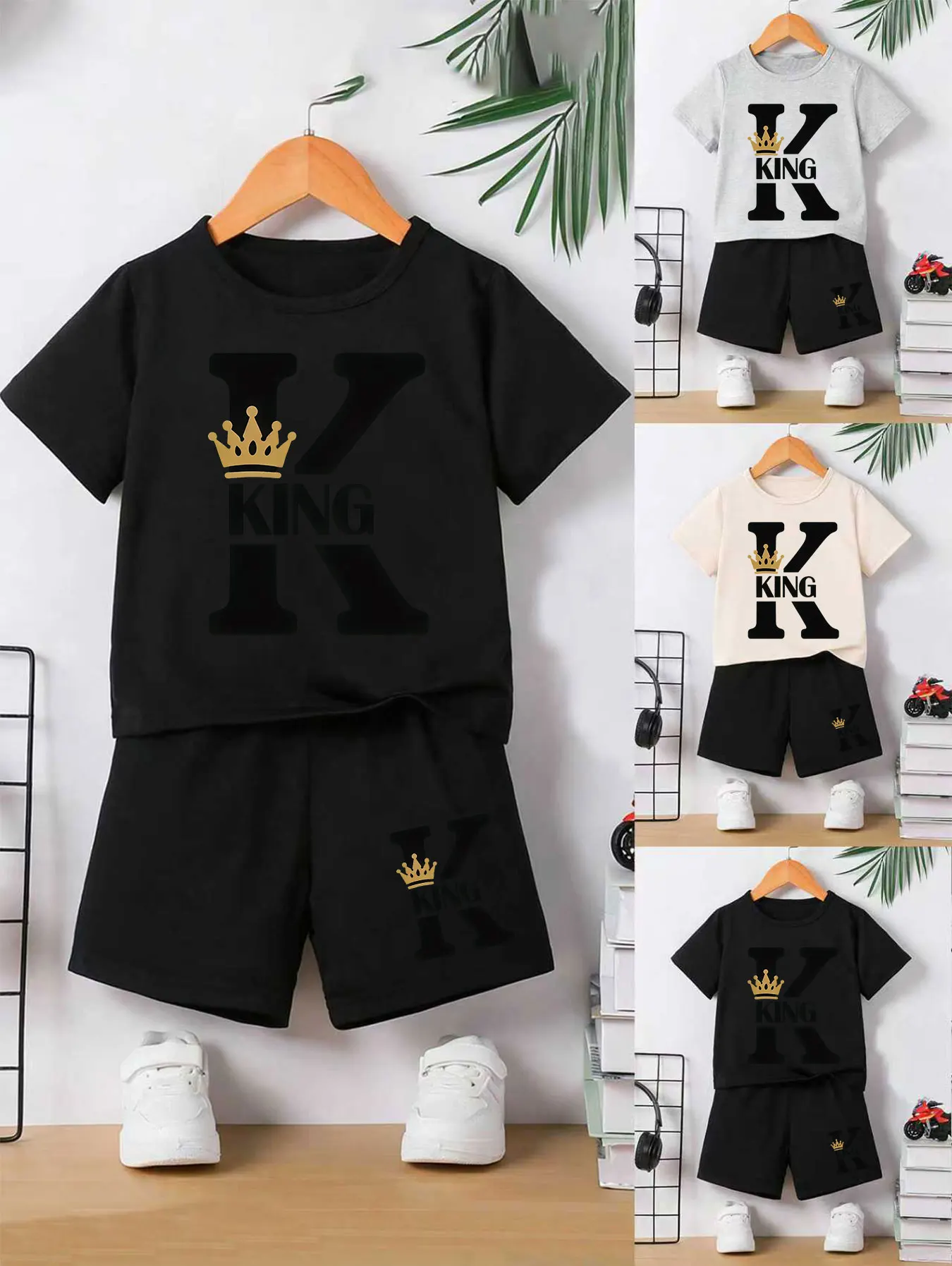 Jungen 2-teiliges T-Shirt & Shorts Set, KING Crown Print, weich, atmungsaktiv, lässig für den Alltag und Outdoor-Aktivitäten. – Detail 1