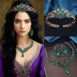 Baroque retro Green Crystal Crown Bridal Jewelry Sets for Women Prom Wedding Crown necklace earrings Set Costume Accessories
