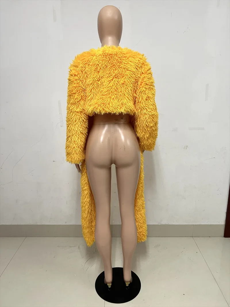 2024 Winter Yellow Faux Fur Irregular Coats Women Full Sleeve Open Stitch Fluffy Warm Jackets Streetwear Cardigans Outerwear