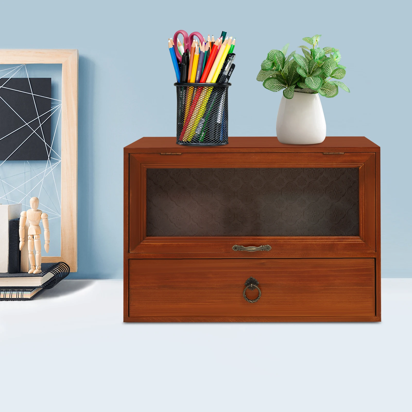 2 Tier Vintage Wooden Tabletop Organizer Magnetic Door Rustic Storage Cabinet with Drawer Dustproof for Desk Kitchen Counter