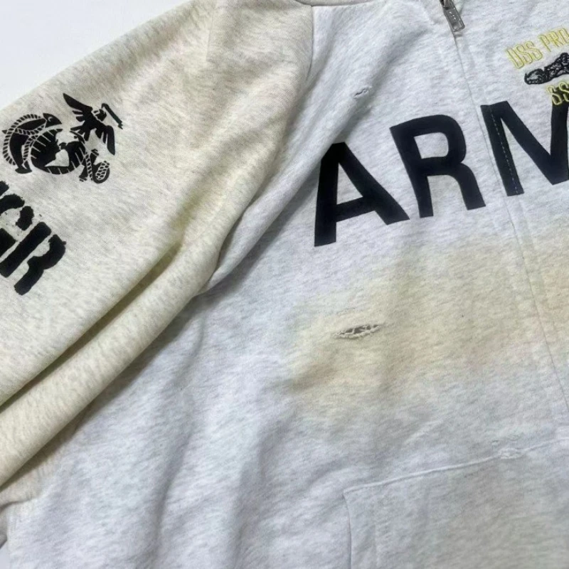 Grailz Project G/R Vintage Distressed Fade-Washed Vintage-Look Zipper Hoodie Übergroßes High-Street Deconstructed Sweatshirt