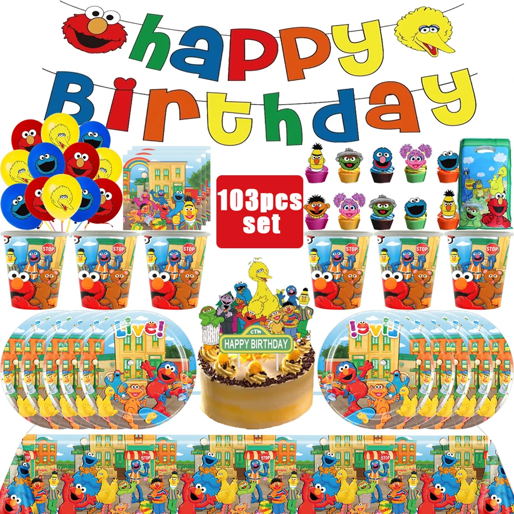 Juego de suministros para fiesta de cumpleaños de SEsame-Streets de dibujos animados de Disney, vajilla desechable para niños, globo, pastel, decoración de platos y pancartas