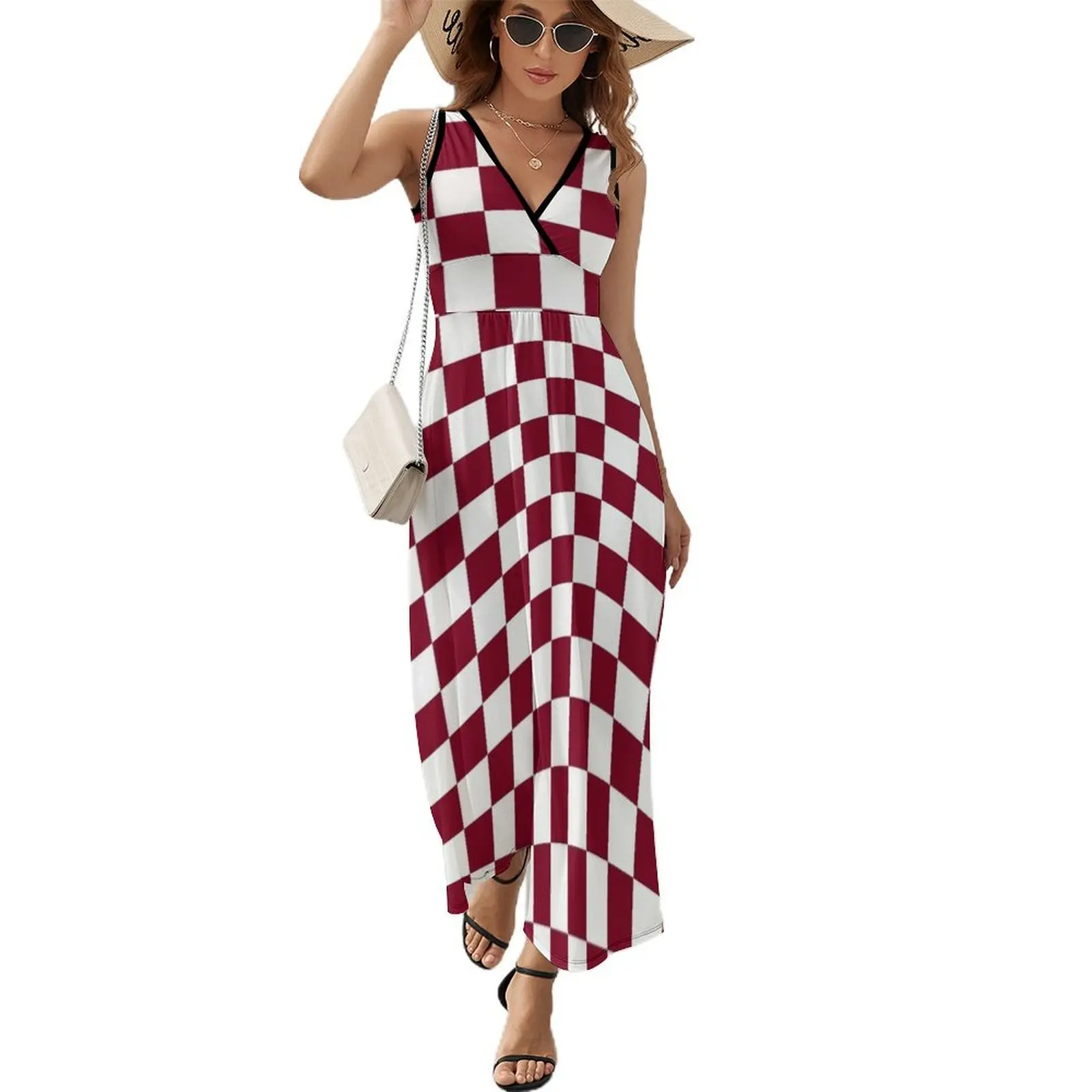 

Small Checkered - White and Burgundy Red Sleeveless Dress Women long dress Women's skirt