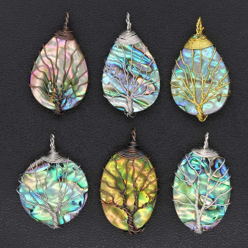 Wire Wrapped Tree of Life Pendant Natural Paua Abalone Shell Drop Round Oval Pendant Earring Necklace Jewelry Making Accessories