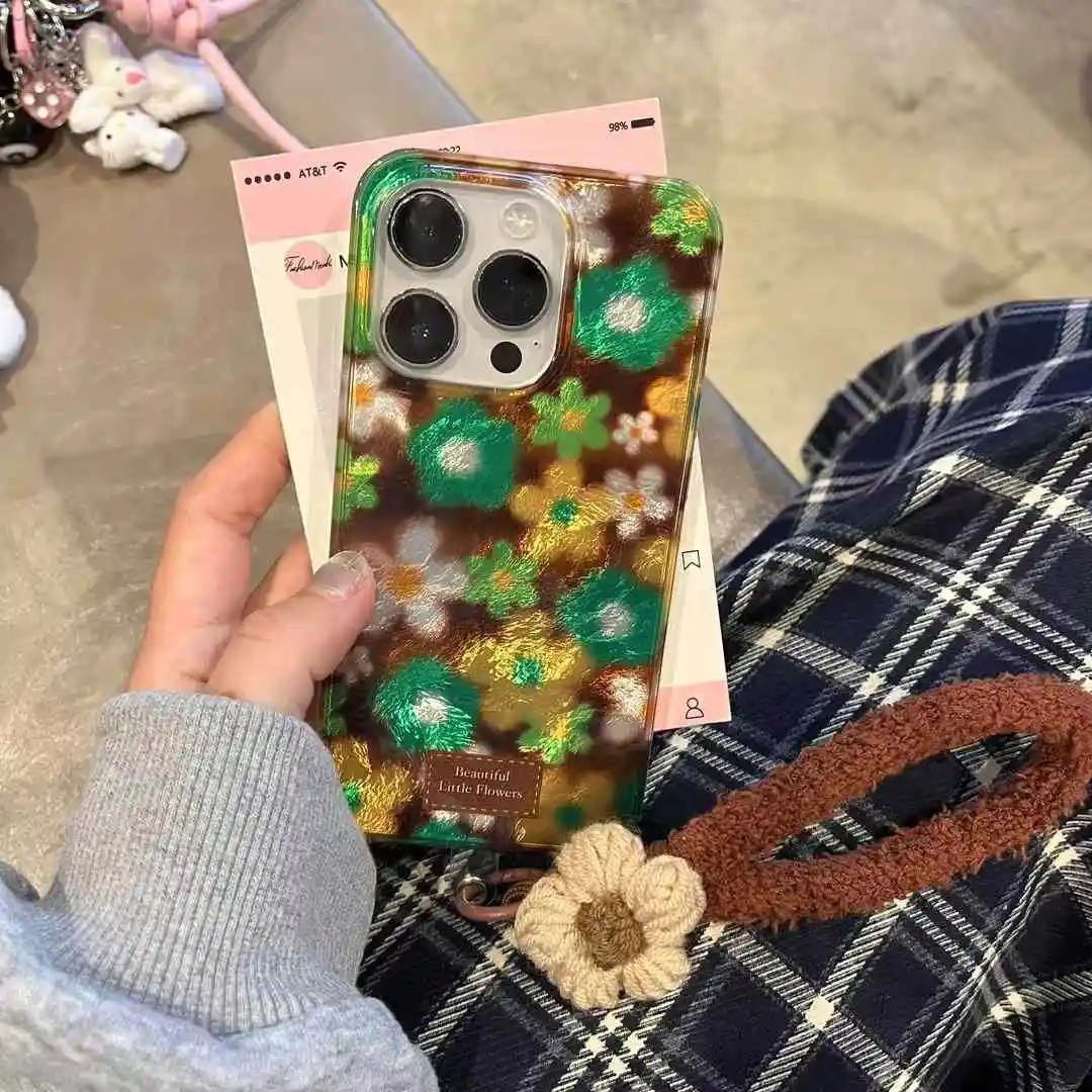 Oil Painting Flower Cartoon Phone Case For iphone 16 15 14 Plus 12 13 Pro Max 11 Korea Embroidery Soft Plush Bracelet Cover