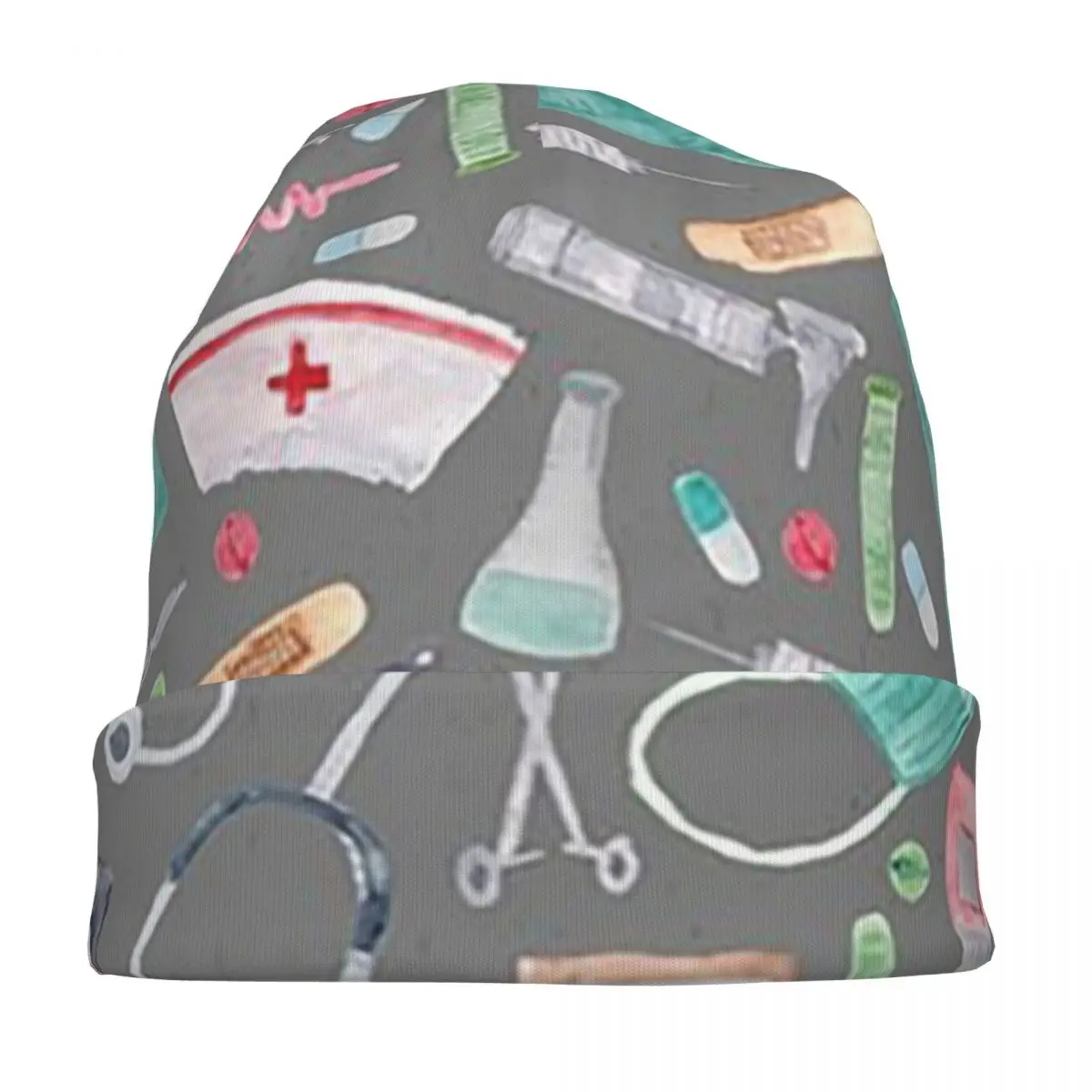 Медицинский узор Доктор Медсестра Акварель Серая текстура Теплая вязаная шапка Модная шапка-капот Осенние уличные шапочки Шапки для взрослых