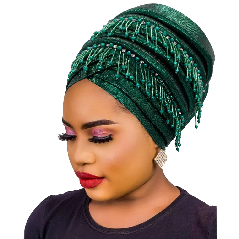 

Elegant Afrcian Auto Gele Headtie Female Head Wraps Bonnet Turbante Mujer Beading Tassels Turban Cap for Women