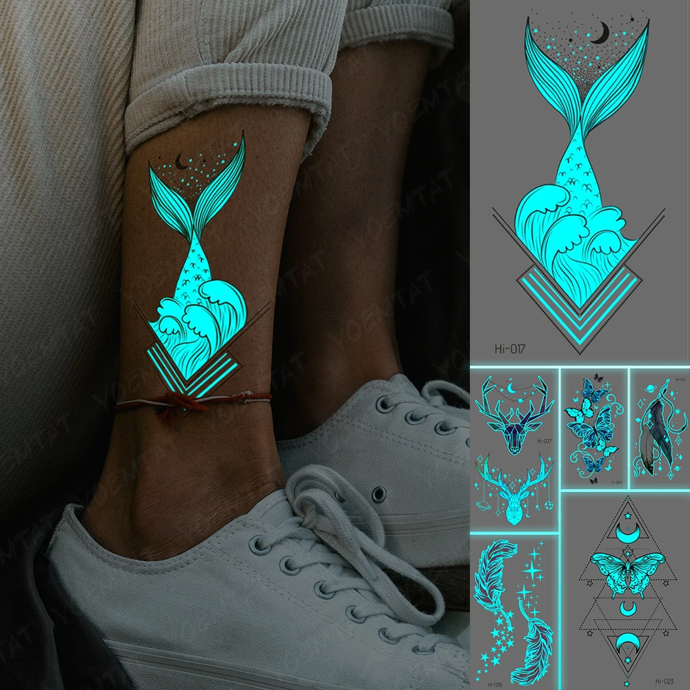 

Blue Luminous Glow Waterproof Temporary Tattoo Sticker Mermaid Tail Waves Moon Flash Tatto Women Arm Neck Body Art Fake Tattoos