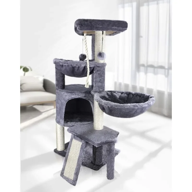 Xin Three Layer Cat Tree with Cat Condo and Two Hammocks,Grey