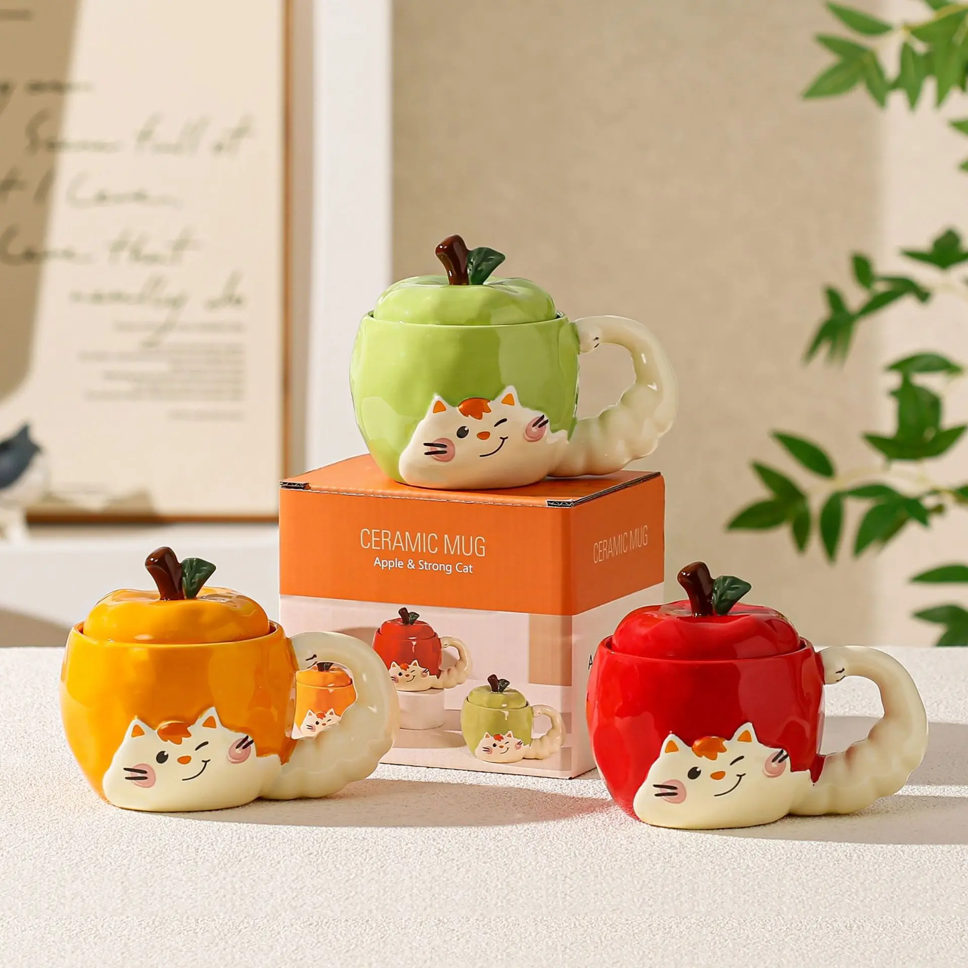 Cute Apple Cartoon Animal Ceramic Mug, Creative Relief Cat Coffee Mugs, High Beauty Kawaii Cup, Christmas Birthday Gift Tea Cup