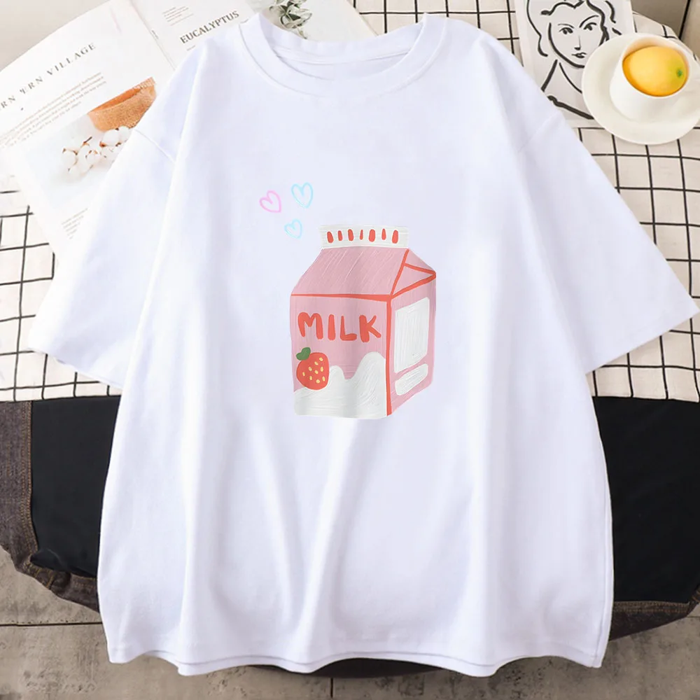 Strawberry Milk Cartoon Printing Tee-shirt Cute Graphic Clothing for Girls Cotton Comfortable Soft Spring T-shirts Women Tee Top