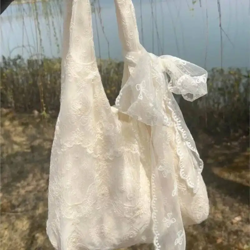 Bloom Fairycore Aesthetic White Handbag Women 2025 Summer Sweet Lace Bow Shoulder Bags Ladies Large Capacity Underarm Bag Y2k