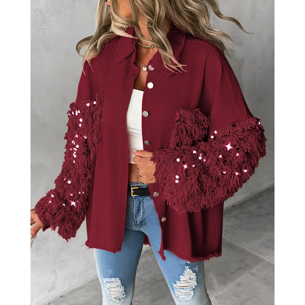 

Autumn Winter Contrast Sequin Tassel Design Fuzzy Patchwork Long Sleeve Women Shacket Coat Femme Turn-down Collar Casual Jackets