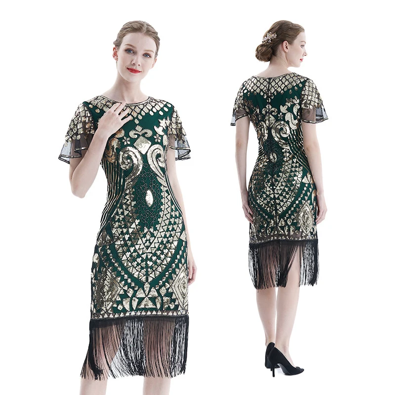 Vintage 20s Party Gatsby Beaded Dress Retro Style Mesh Short-Sleeved Sequined Fringed Ball Women Gown