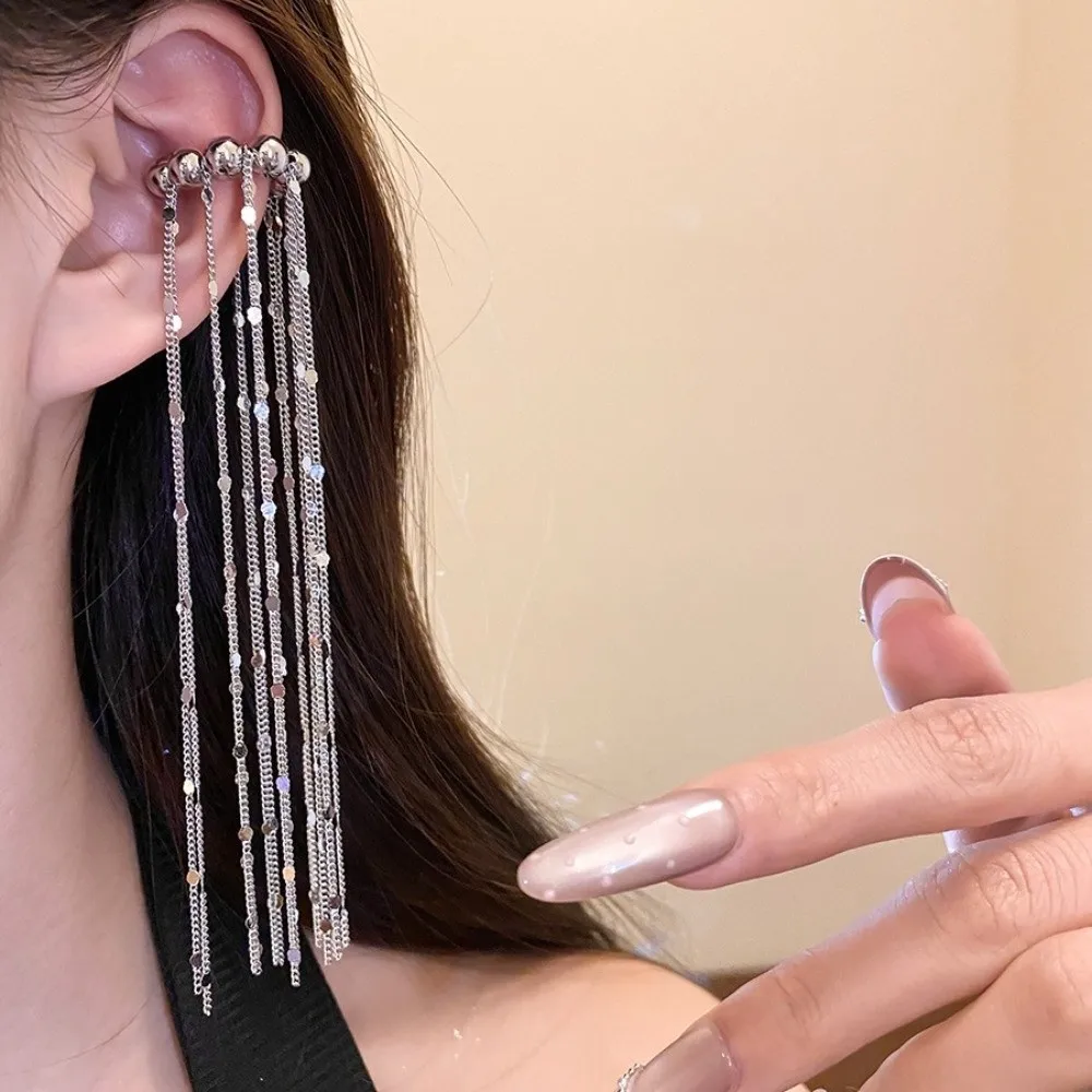 Fashion Alloy Tassel Ear Clip Long Chain Beads C-shaped Ear Clip Minimalist Exquisite No Piercing Earrings Daily Wear