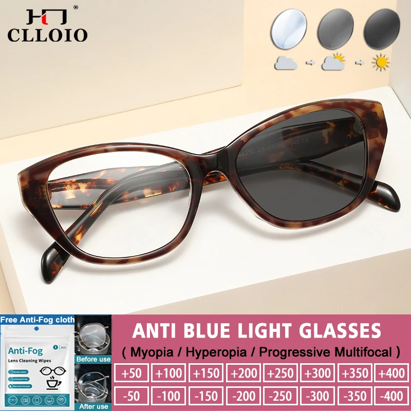 

CLLOIO Fashion Acetate Cat Eye Frame Anti-blue Ray Reading Glasses Women Myopia Customized Prescription Photochromic Eyeglasses