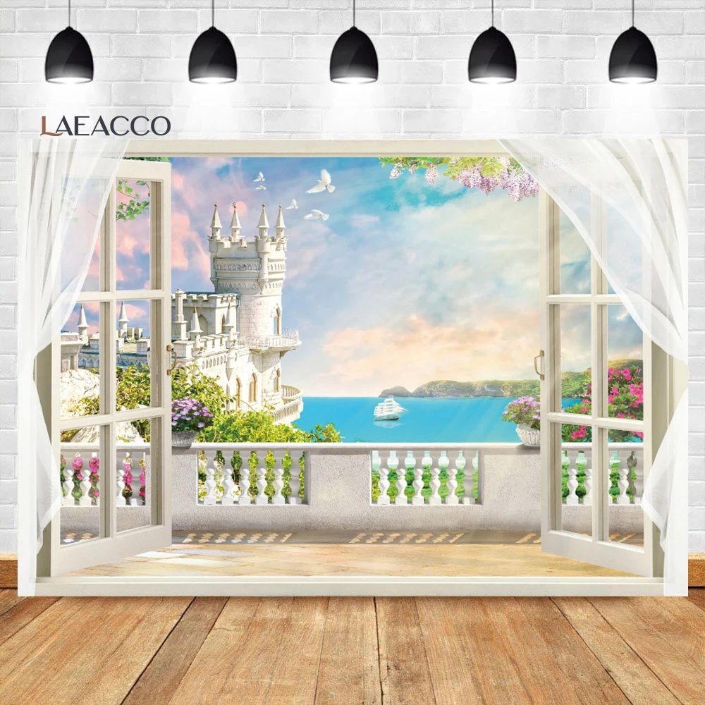 

Laeacco Spring Seaside Nature Landscape Photocall Backdrop Fantasy Castle Kids Adults Portrait Customized Photography Background