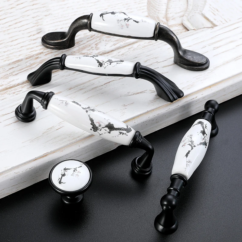 Chinese Painting Ceramic Black Cabinet Handles Drawer Knobs Wardrobe Door Plum Blossom Handles Furniture Hardware 701