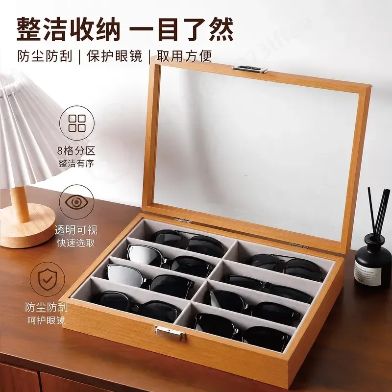 8 Grid Black Walnut Wooden Glasses Storage Box Sunglasses Display Case Large Capacity Dustproof Collection Box
