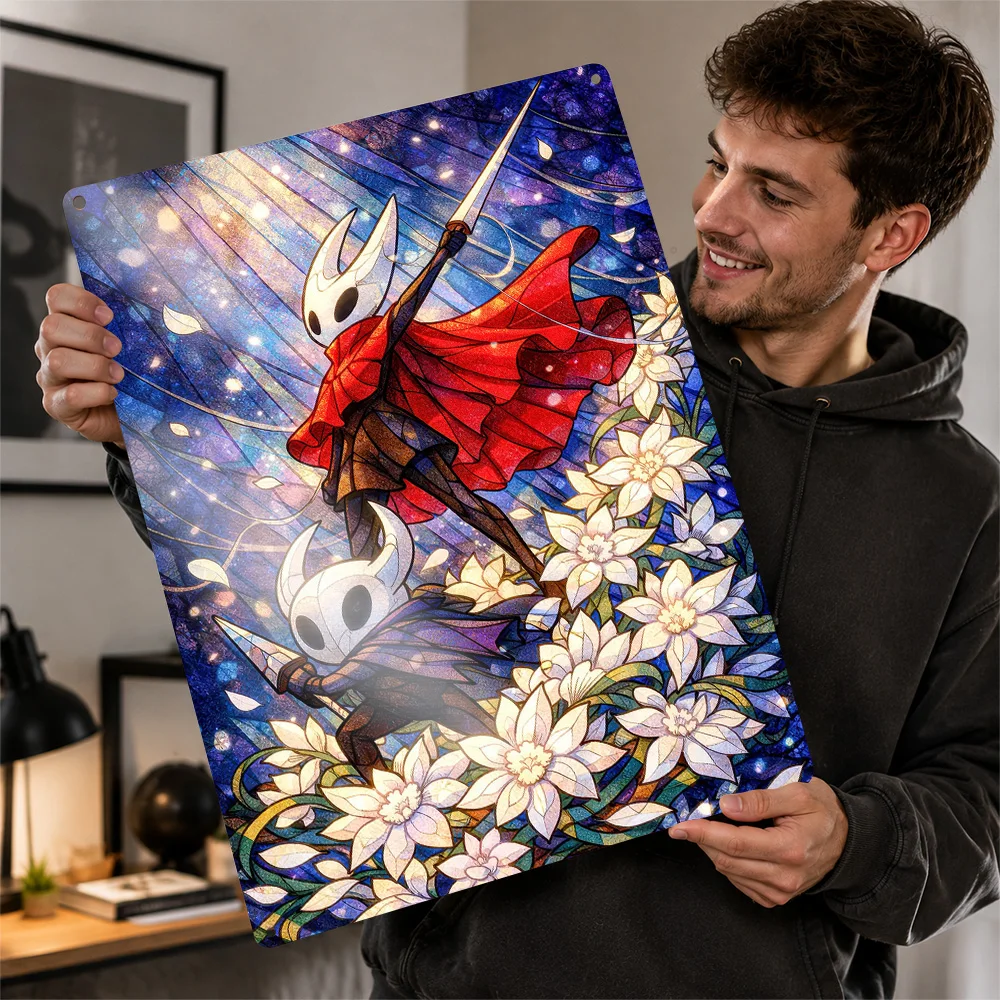 Hornet And Knight In Floral Setting Aluminum Poster Personalized Metal Sign Striking Action Adventure Wall Art For Gaming Dens