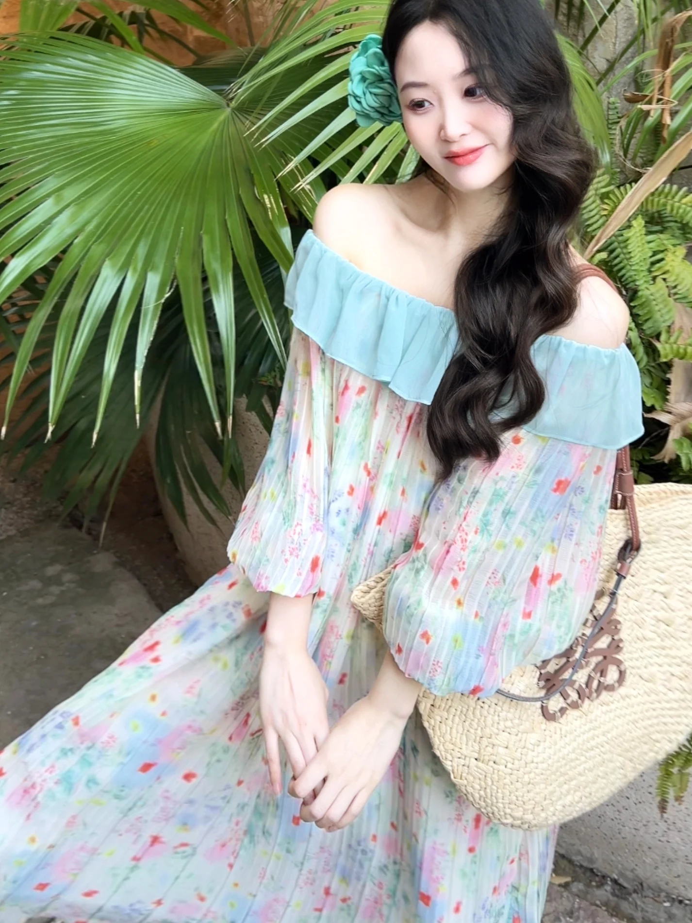 

Свободное платье миди с цветочным принтом, плиссированным подолом, для отдыха и путешествий, французский стиль, женское, из полиэстера