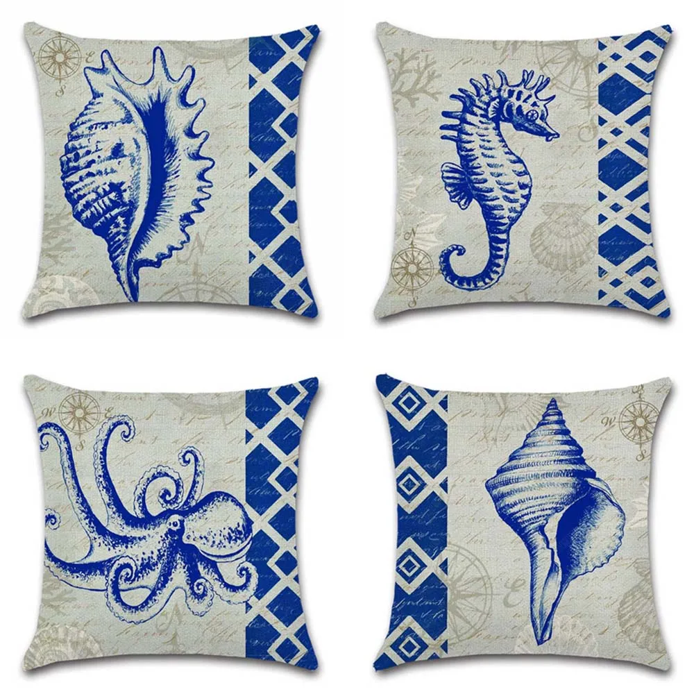 Ocean blue shell sea animals printed cushion cover pillowcase decoration for sweet home house sofa chair kids bedroom gift