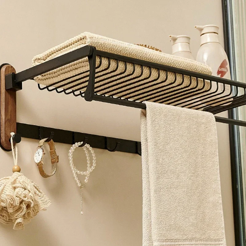 Walnut Wood Storage Rack Waterproof Moisture-Proof Bath Towel Rack Foldable No Punching Wall Rack Durable High-End Design