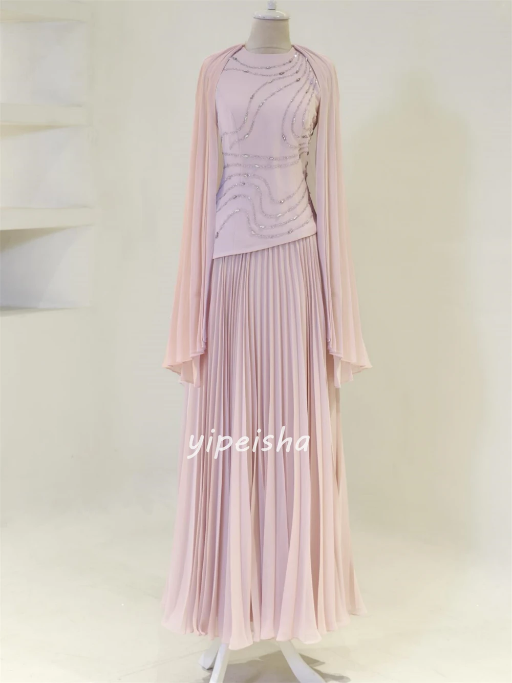 Customized Fashion Women Jersey Beading A-line Evening Dresses O-Neck Long Sleeves Ruched Party Gown Matching Floor Lenght Dress image 2