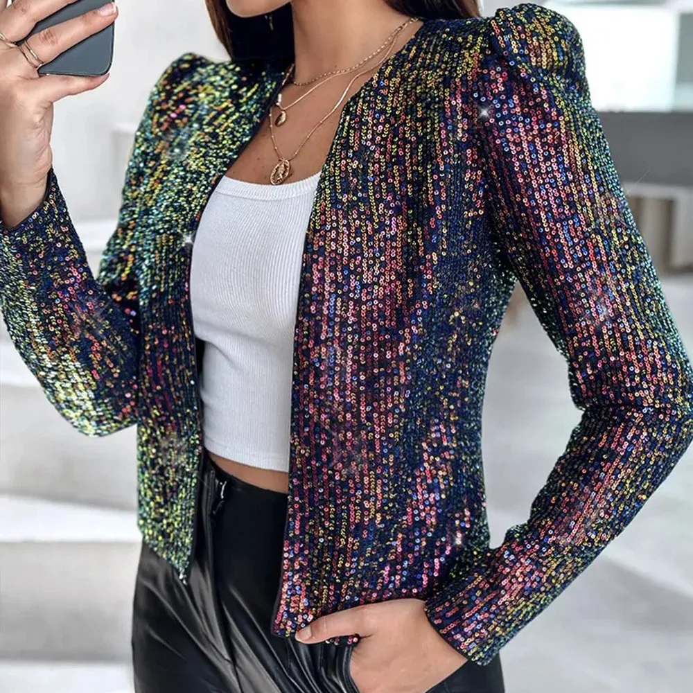 

Women Jackets Autumn Winter Fashion Leopard Print Sequin Long Sleeve Blazer Coat Streetwear Lady Open Front Outdoor Suit Jacket