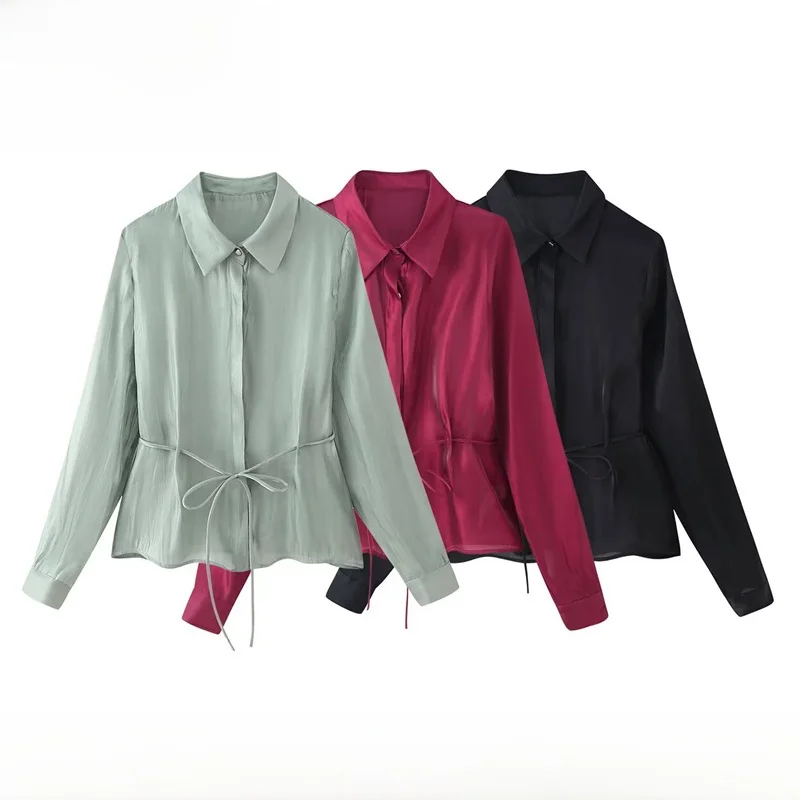 

EVEA New Women's Faion Knot Bright Effect irt Straight Tube Polyester Fiber Long Sve Breathable Spring irt