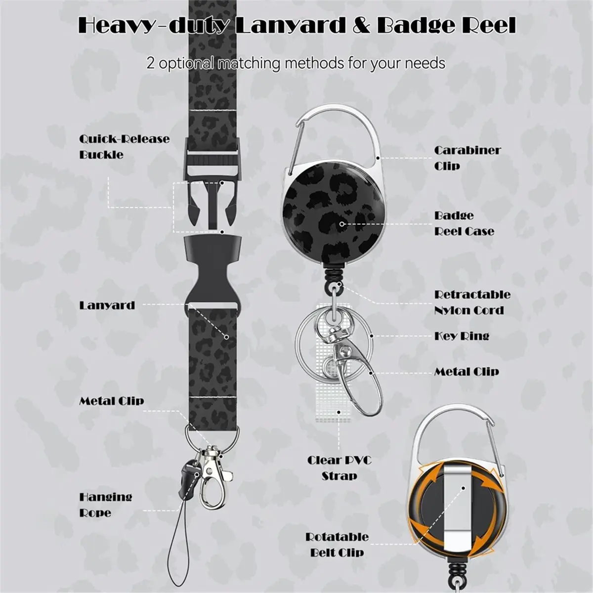 Fashionable Sliding Badge Holder Black Leopard Print with Retractable Carabiner Clip, Detachable Lanyard Strap