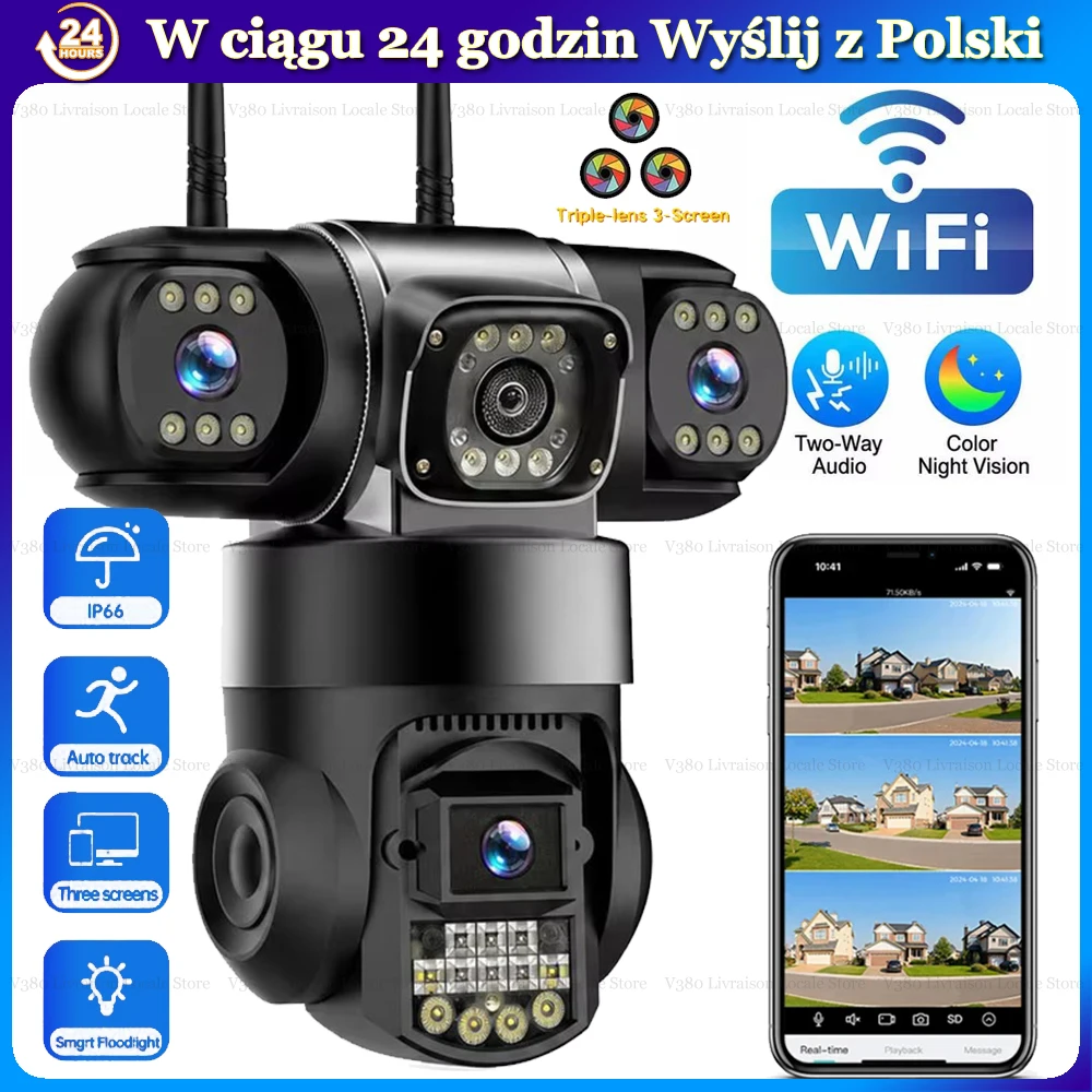 Kamera IP WiFi 3 obiektywy 3 kąty monitorowania 360° PTZ Zdalne sterowanie Inteligentna ochrona bezpieczeństwa domu Bezprzewodowe CCTV Wykrywanie ruchu Automatyczne śledzenie Sieciowe kamery IP V380